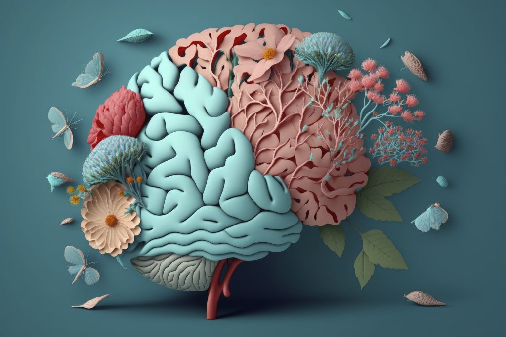 Human brain with flowers, self care and mental health concept, p