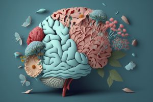 Human brain with flowers, self care and mental health concept, p
